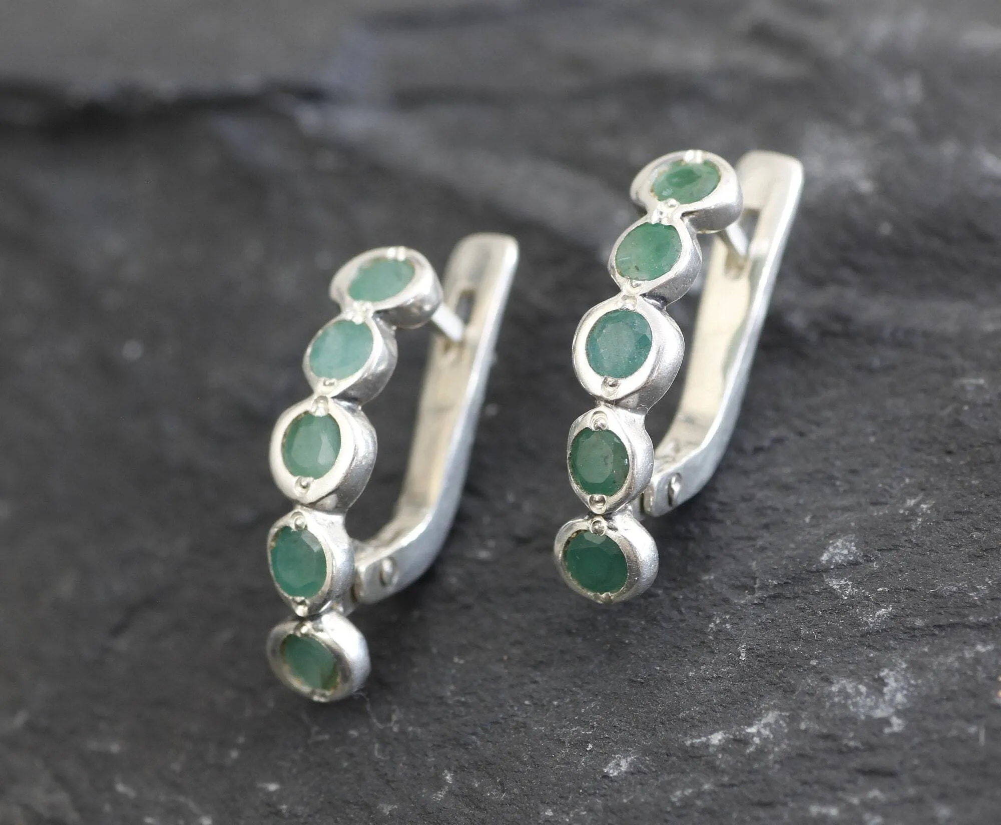 Genuine Emerald Earrings - Long Green Earrings - Green Drop Huggies