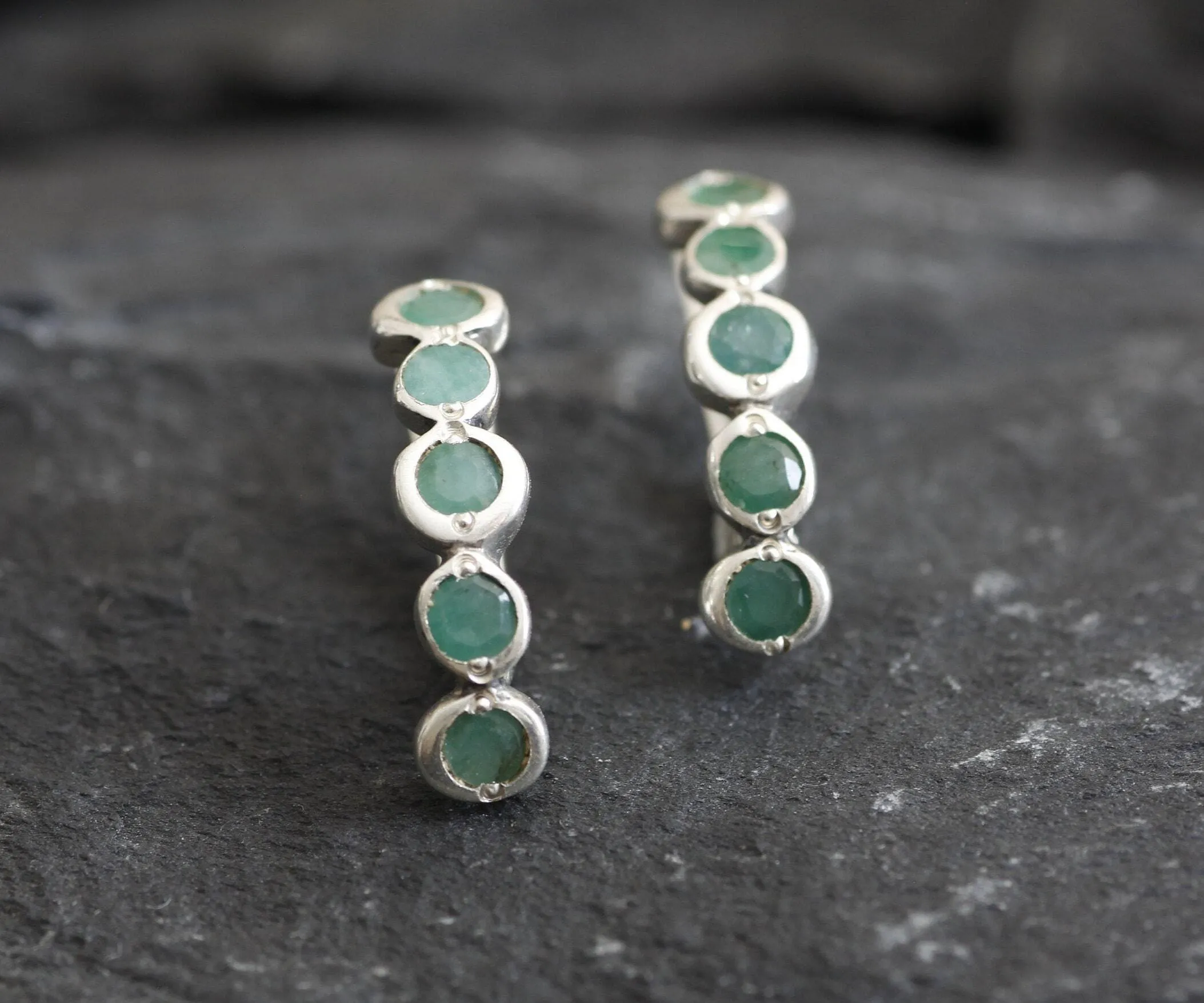 Genuine Emerald Earrings - Long Green Earrings - Green Drop Huggies