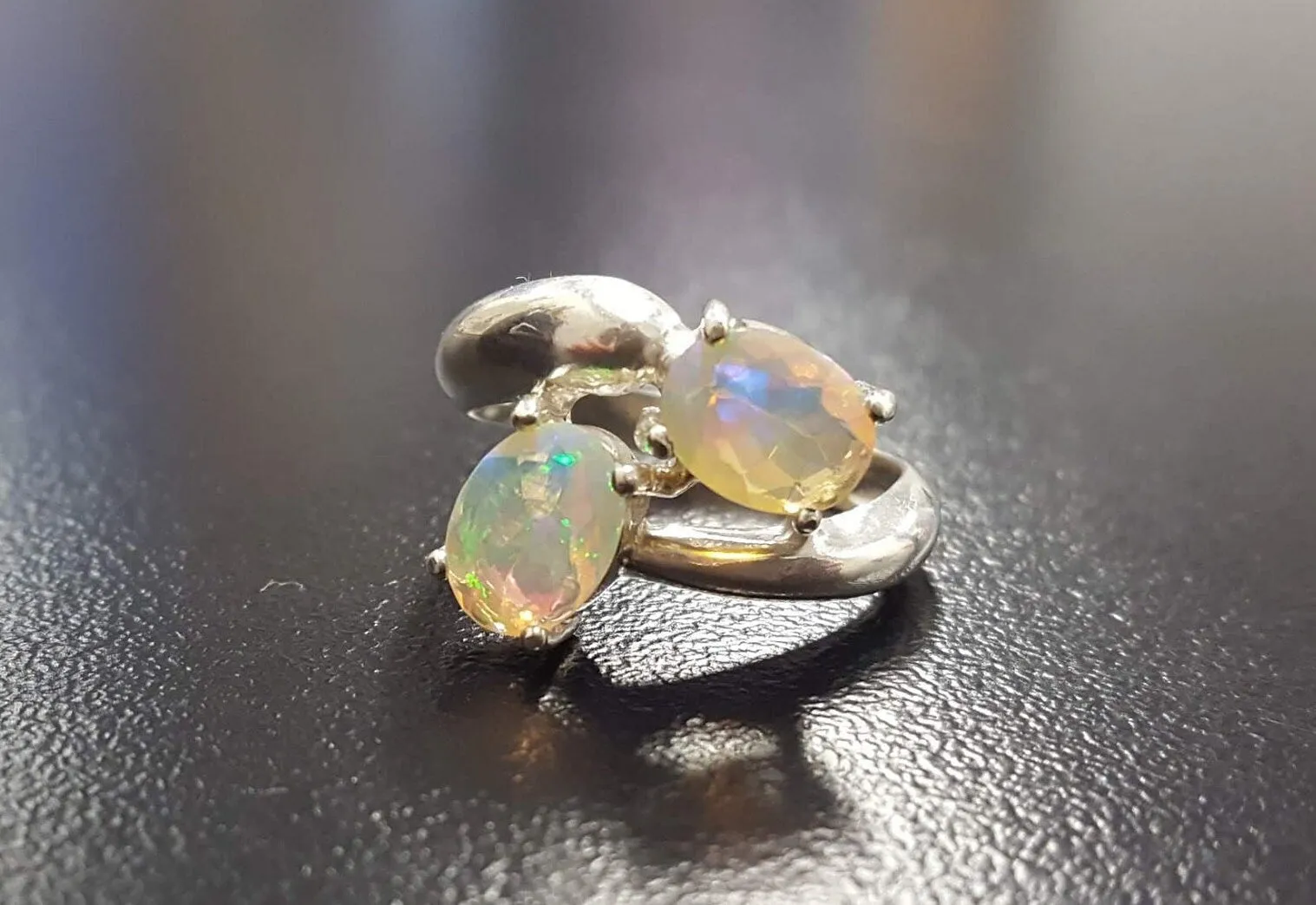 Genuine Opal Ring - Unique Two Stone Ring - Vintage Bypass Ring