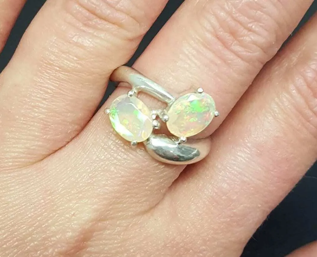 Genuine Opal Ring - Unique Two Stone Ring - Vintage Bypass Ring