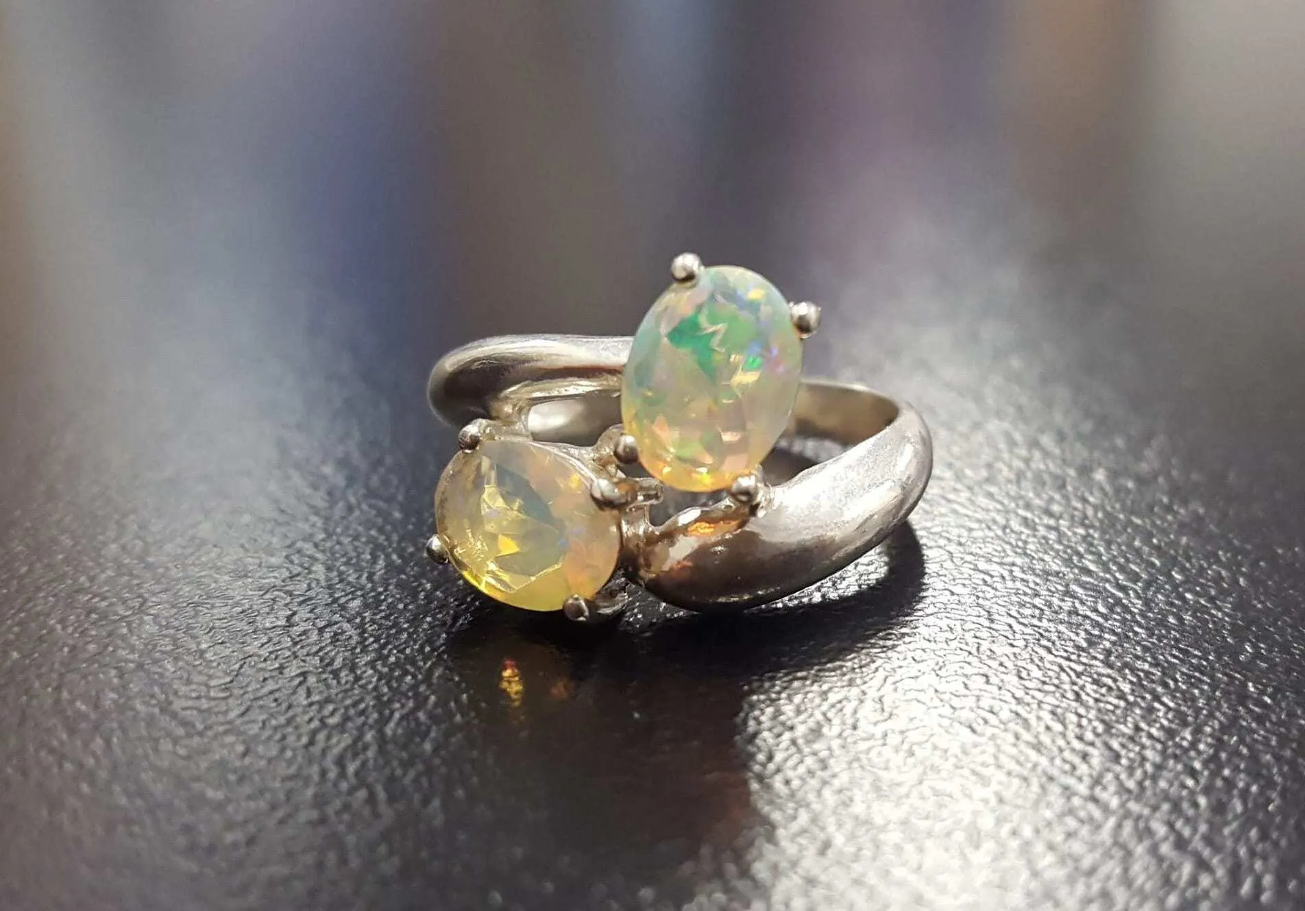 Genuine Opal Ring - Unique Two Stone Ring - Vintage Bypass Ring