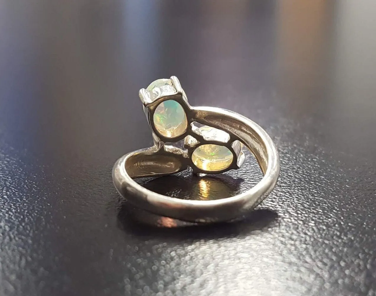 Genuine Opal Ring - Unique Two Stone Ring - Vintage Bypass Ring