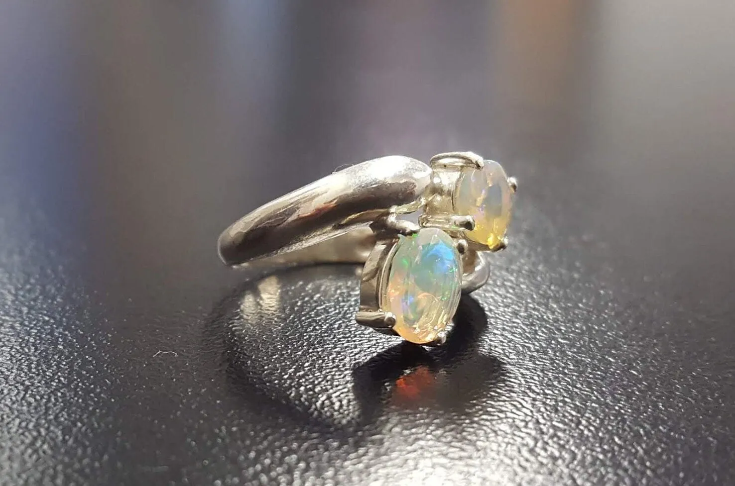 Genuine Opal Ring - Unique Two Stone Ring - Vintage Bypass Ring