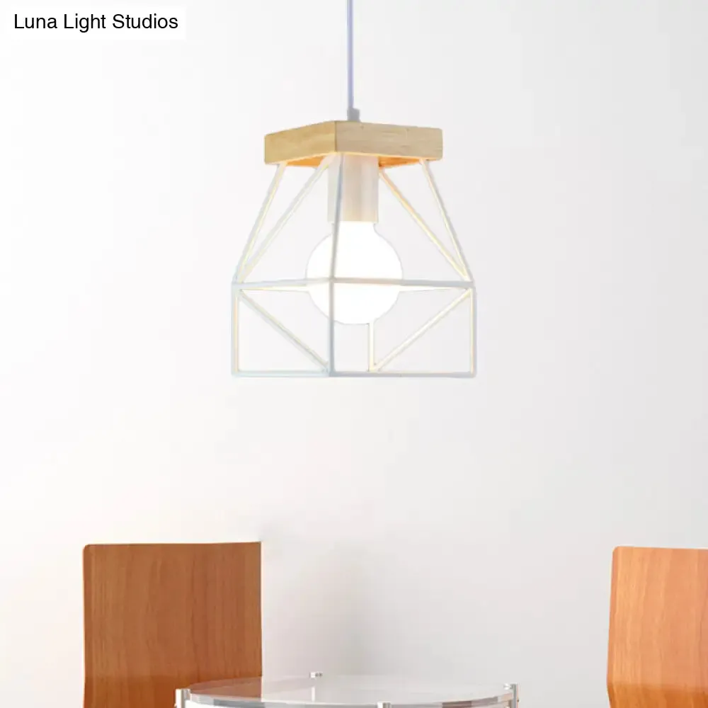 Geometric Pendant Light with Cage Shade - 1 Light Metal Lighting in Black/Blue for Bedroom