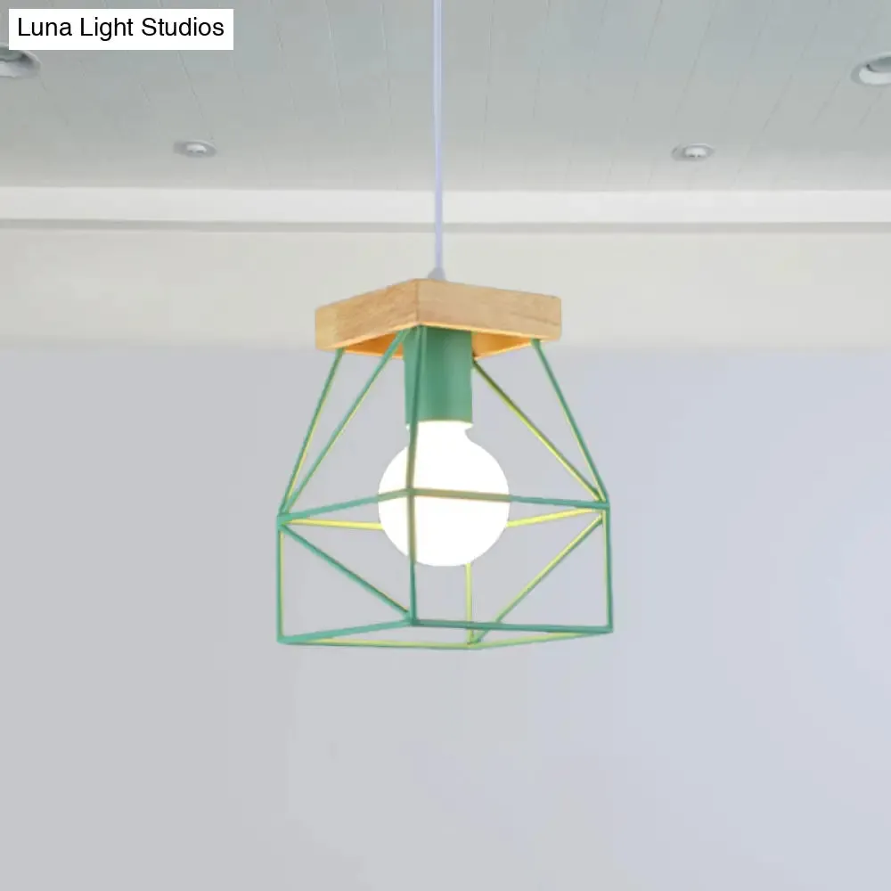 Geometric Pendant Light with Cage Shade - 1 Light Metal Lighting in Black/Blue for Bedroom