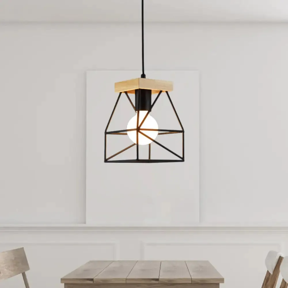 Geometric Pendant Light with Cage Shade - 1 Light Metal Lighting in Black/Blue for Bedroom