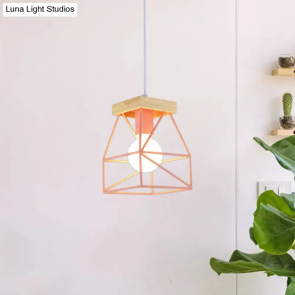 Geometric Pendant Light with Cage Shade - 1 Light Metal Lighting in Black/Blue for Bedroom