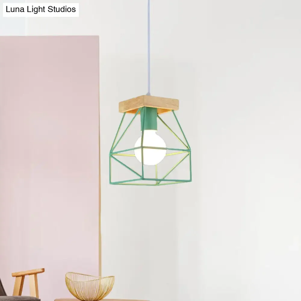 Geometric Pendant Light with Cage Shade - 1 Light Metal Lighting in Black/Blue for Bedroom