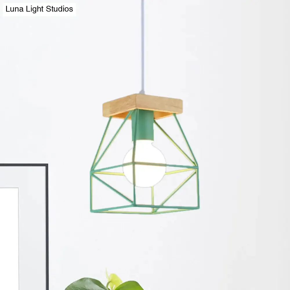 Geometric Pendant Light with Cage Shade - 1 Light Metal Lighting in Black/Blue for Bedroom