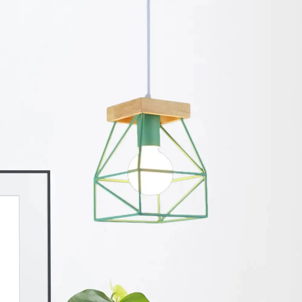 Geometric Pendant Light with Cage Shade - 1 Light Metal Lighting in Black/Blue for Bedroom