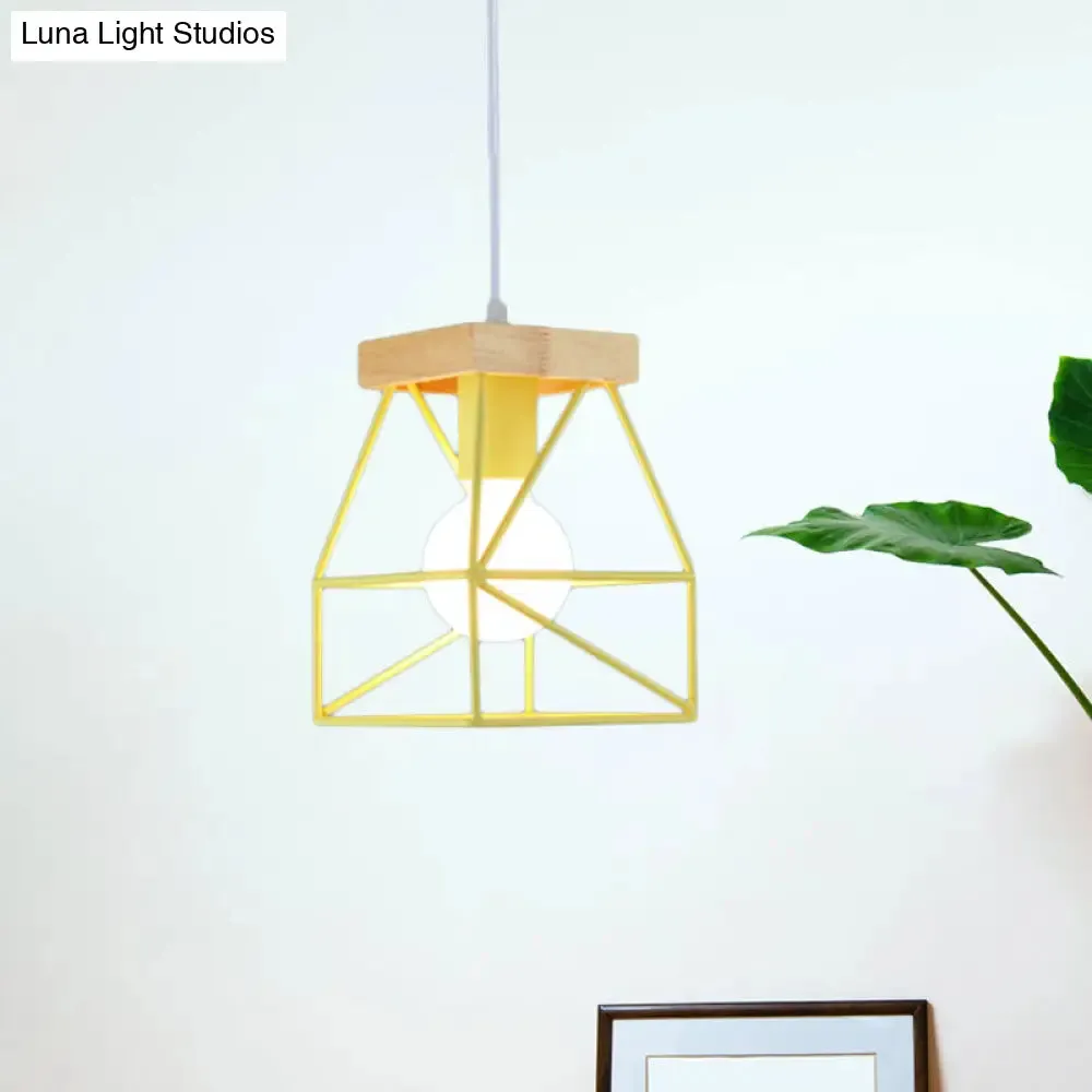 Geometric Pendant Light with Cage Shade - 1 Light Metal Lighting in Black/Blue for Bedroom