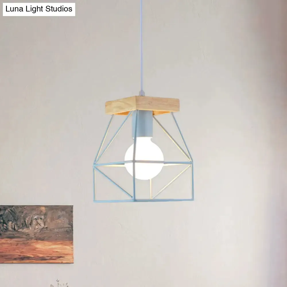 Geometric Pendant Light with Cage Shade - 1 Light Metal Lighting in Black/Blue for Bedroom