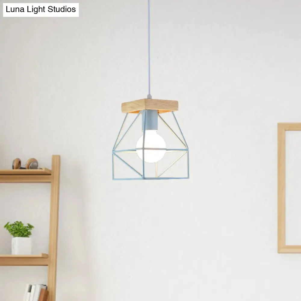 Geometric Pendant Light with Cage Shade - 1 Light Metal Lighting in Black/Blue for Bedroom