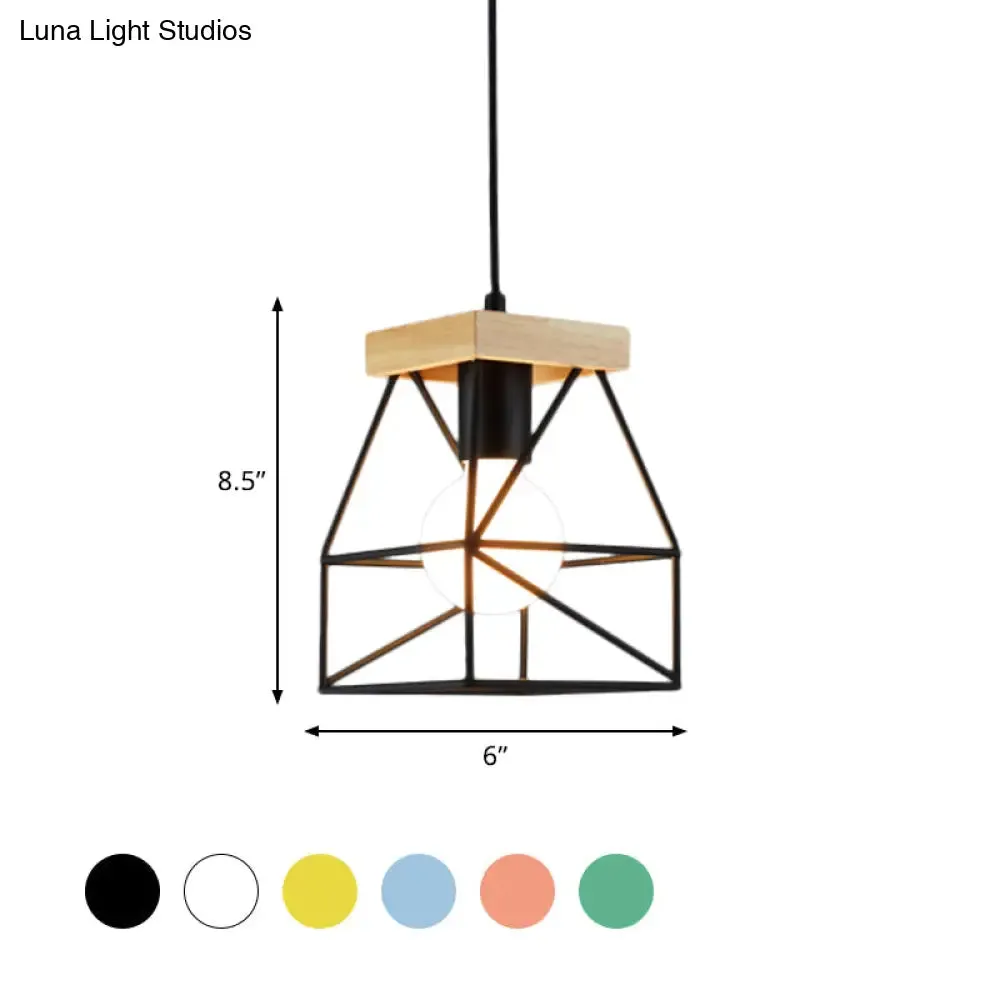 Geometric Pendant Light with Cage Shade - 1 Light Metal Lighting in Black/Blue for Bedroom