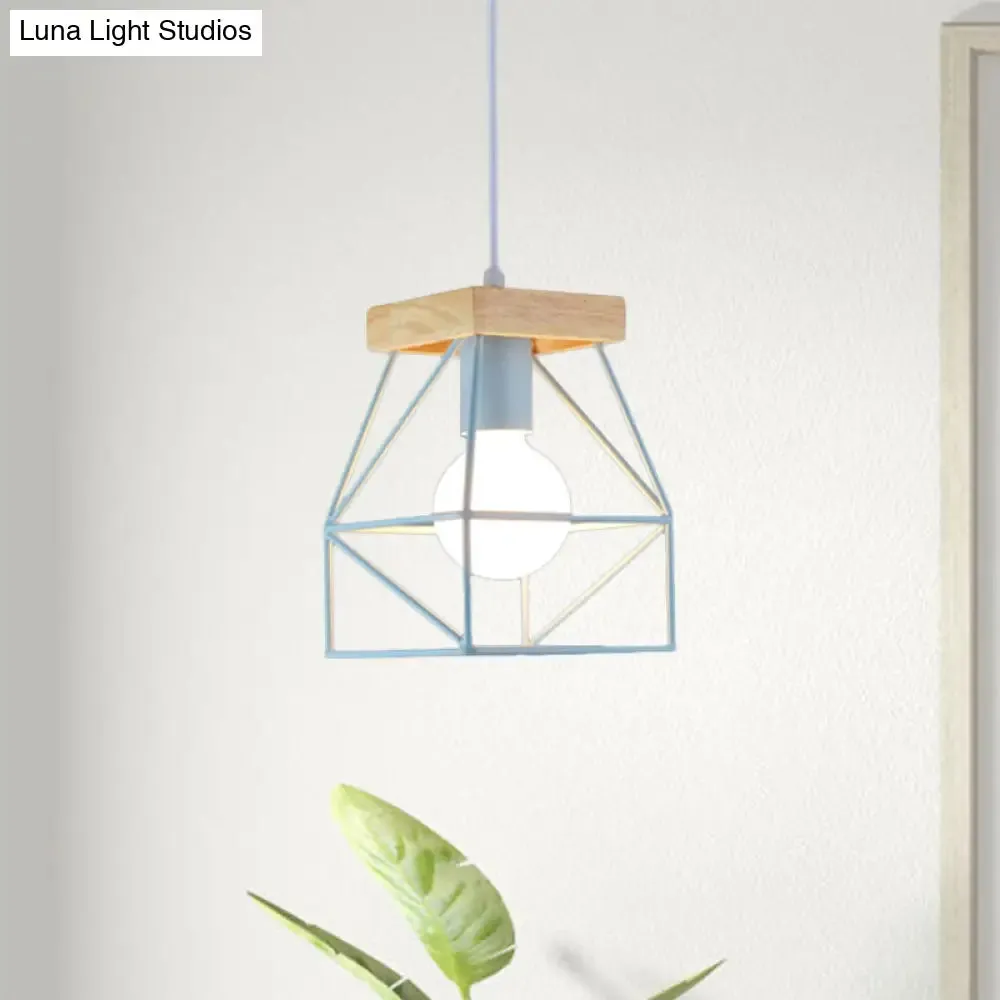 Geometric Pendant Light with Cage Shade - 1 Light Metal Lighting in Black/Blue for Bedroom