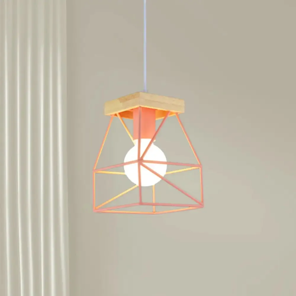 Geometric Pendant Light with Cage Shade - 1 Light Metal Lighting in Black/Blue for Bedroom