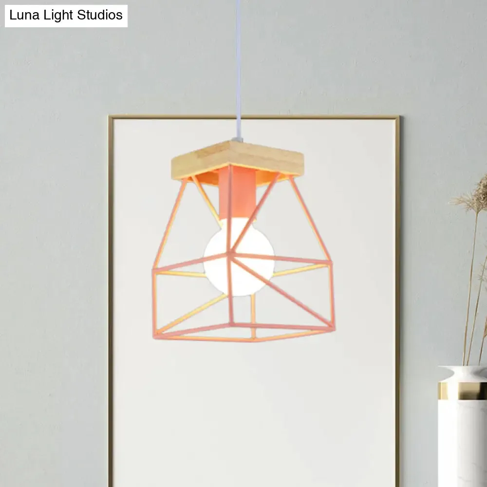 Geometric Pendant Light with Cage Shade - 1 Light Metal Lighting in Black/Blue for Bedroom