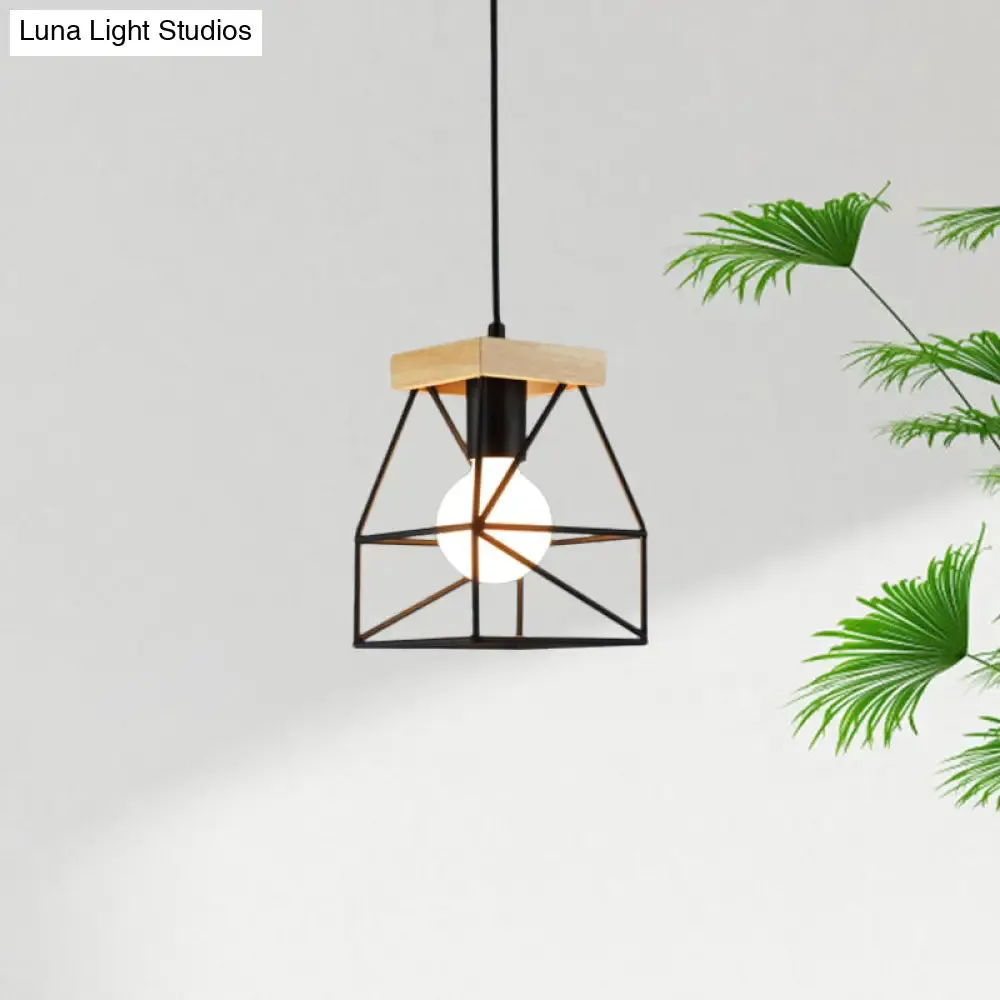 Geometric Pendant Light with Cage Shade - 1 Light Metal Lighting in Black/Blue for Bedroom