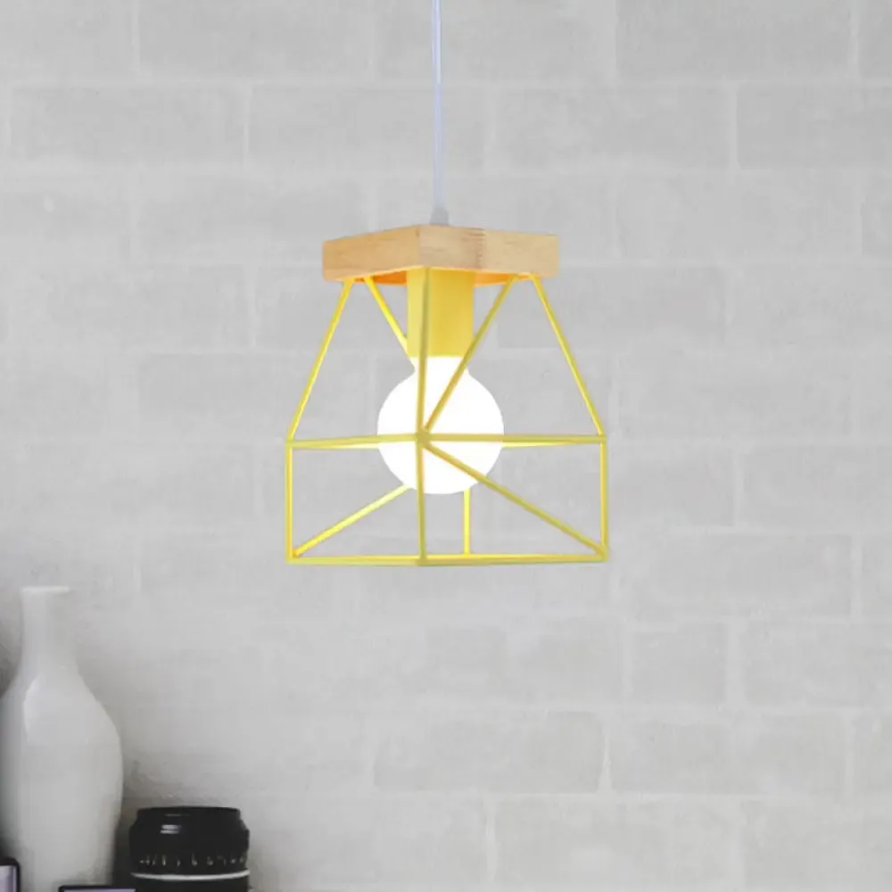 Geometric Pendant Light with Cage Shade - 1 Light Metal Lighting in Black/Blue for Bedroom