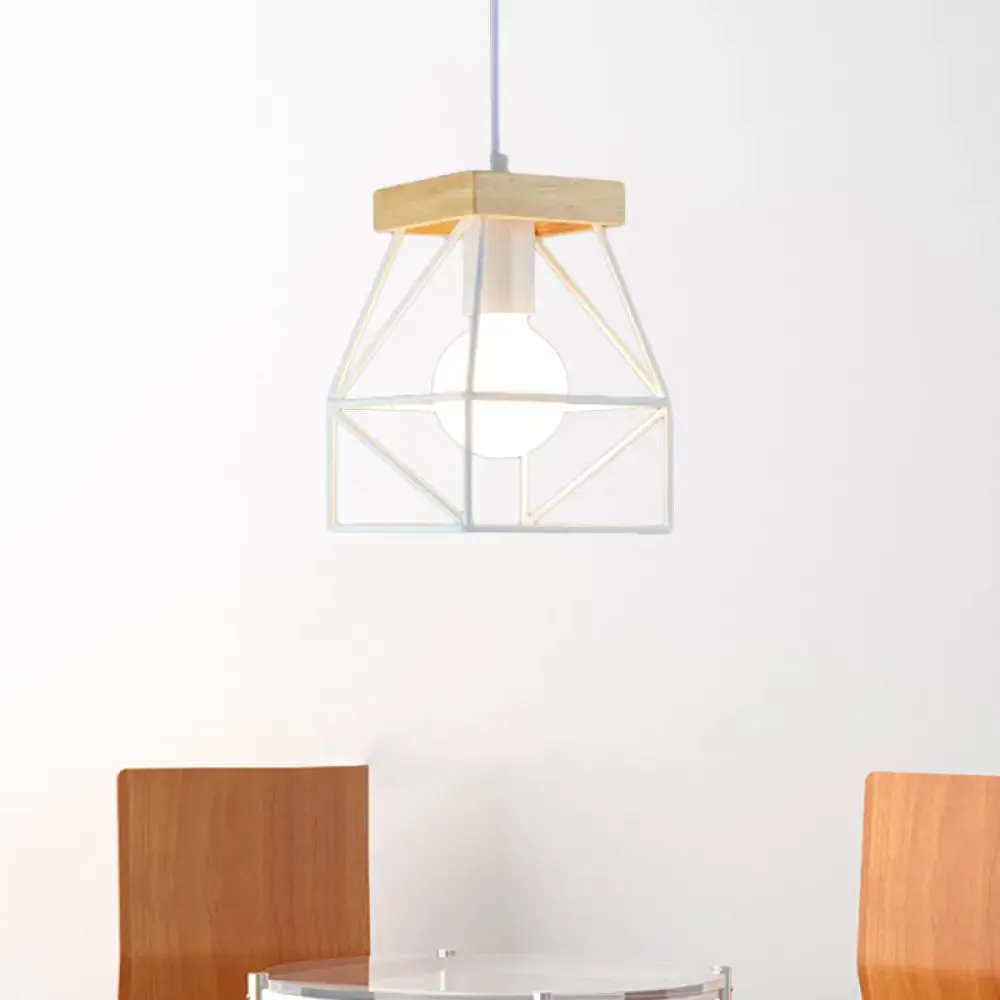 Geometric Pendant Light with Cage Shade - 1 Light Metal Lighting in Black/Blue for Bedroom