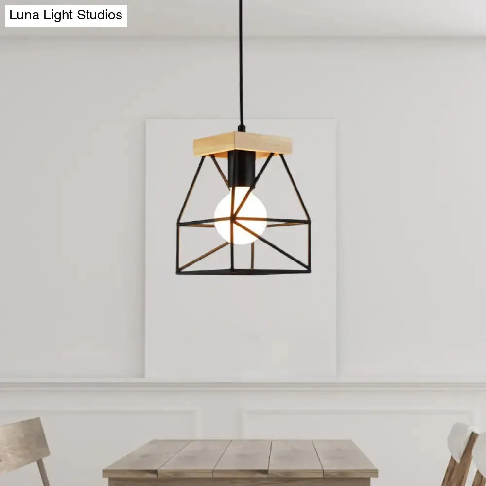 Geometric Pendant Light with Cage Shade - 1 Light Metal Lighting in Black/Blue for Bedroom