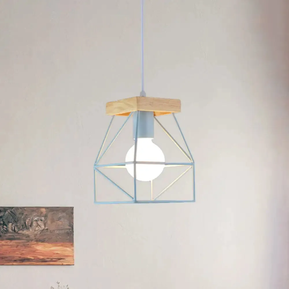 Geometric Pendant Light with Cage Shade - 1 Light Metal Lighting in Black/Blue for Bedroom