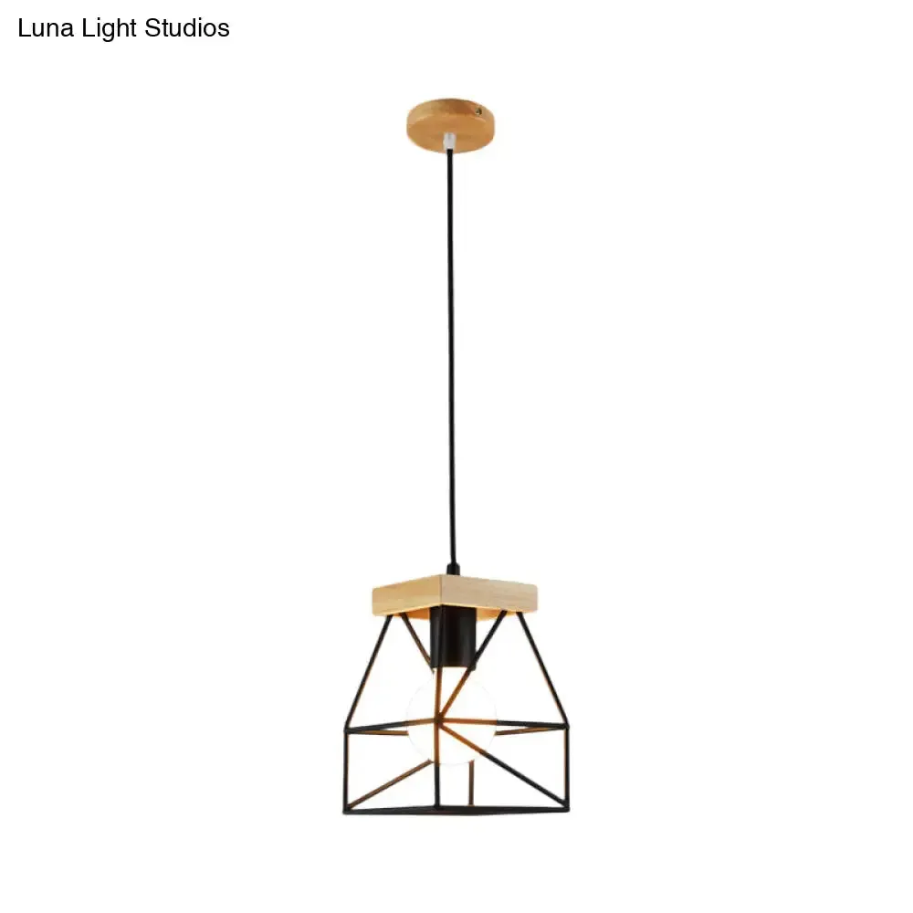 Geometric Pendant Light with Cage Shade - 1 Light Metal Lighting in Black/Blue for Bedroom