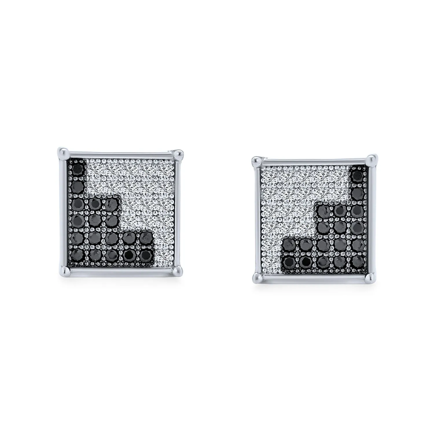 Geometric Two Tone Zig Zag CZ Stud Earrings for Men in Sterling Silver