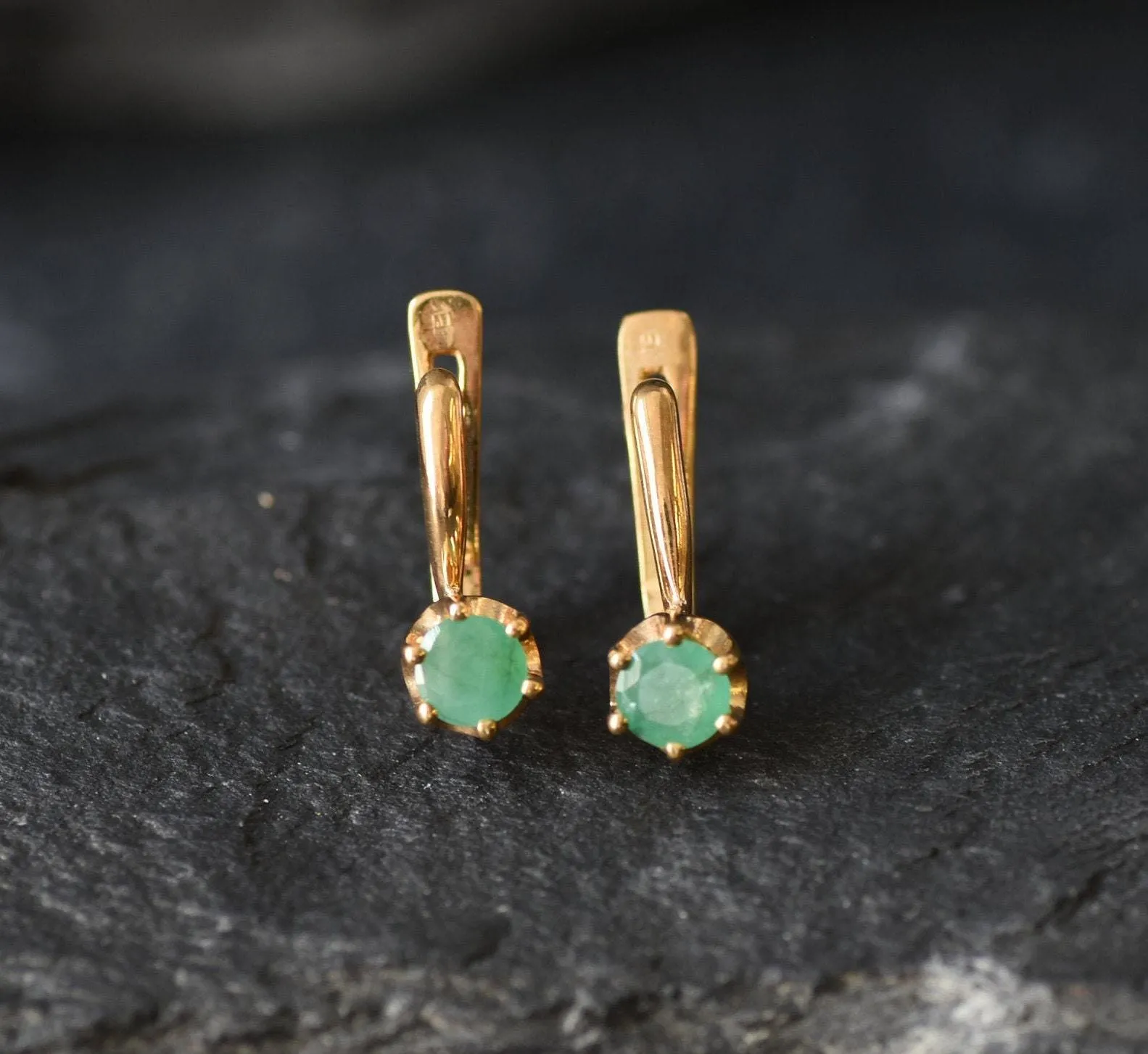 Gold Emerald Earrings - Natural Emerald Studs, Dainty Green Earrings