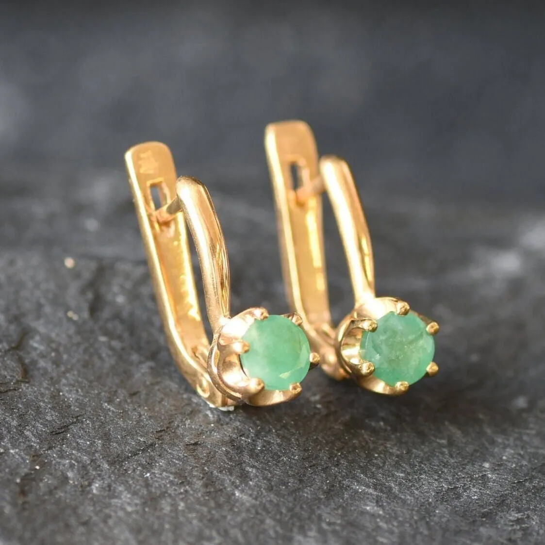 Gold Emerald Earrings - Natural Emerald Studs, Dainty Green Earrings