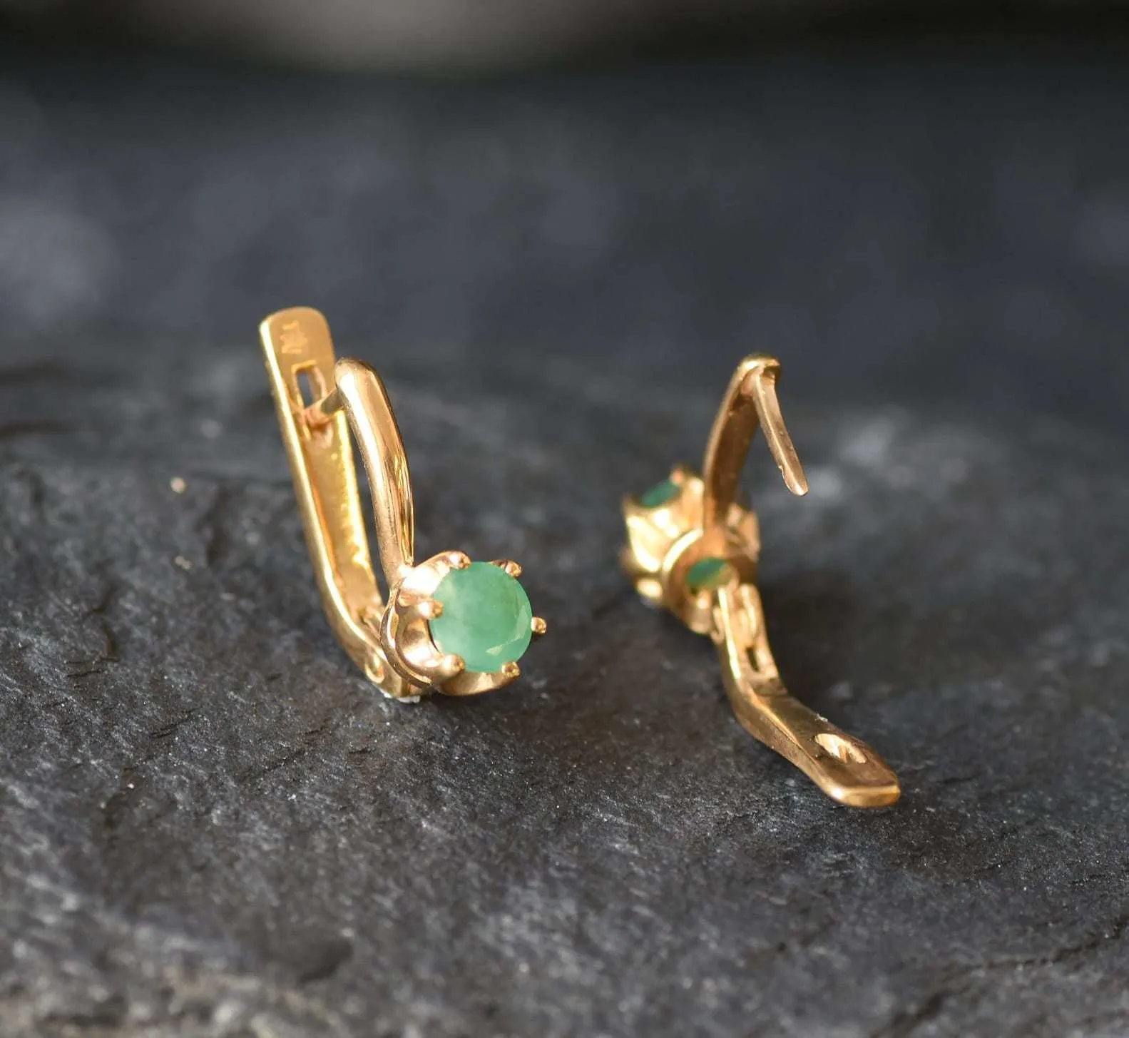 Gold Emerald Earrings - Natural Emerald Studs, Dainty Green Earrings