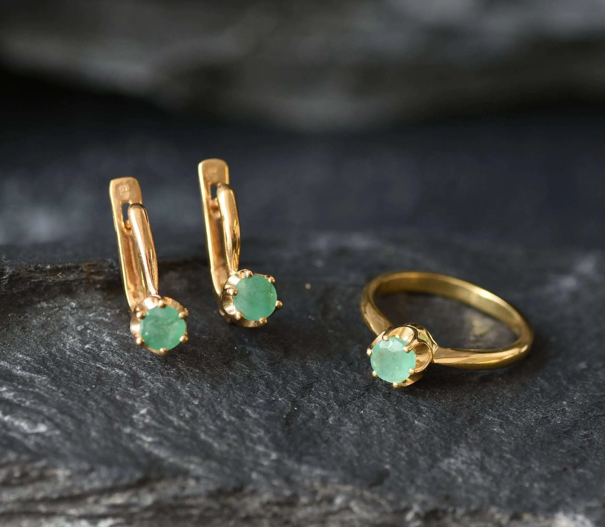 Gold Emerald Earrings - Natural Emerald Studs, Dainty Green Earrings