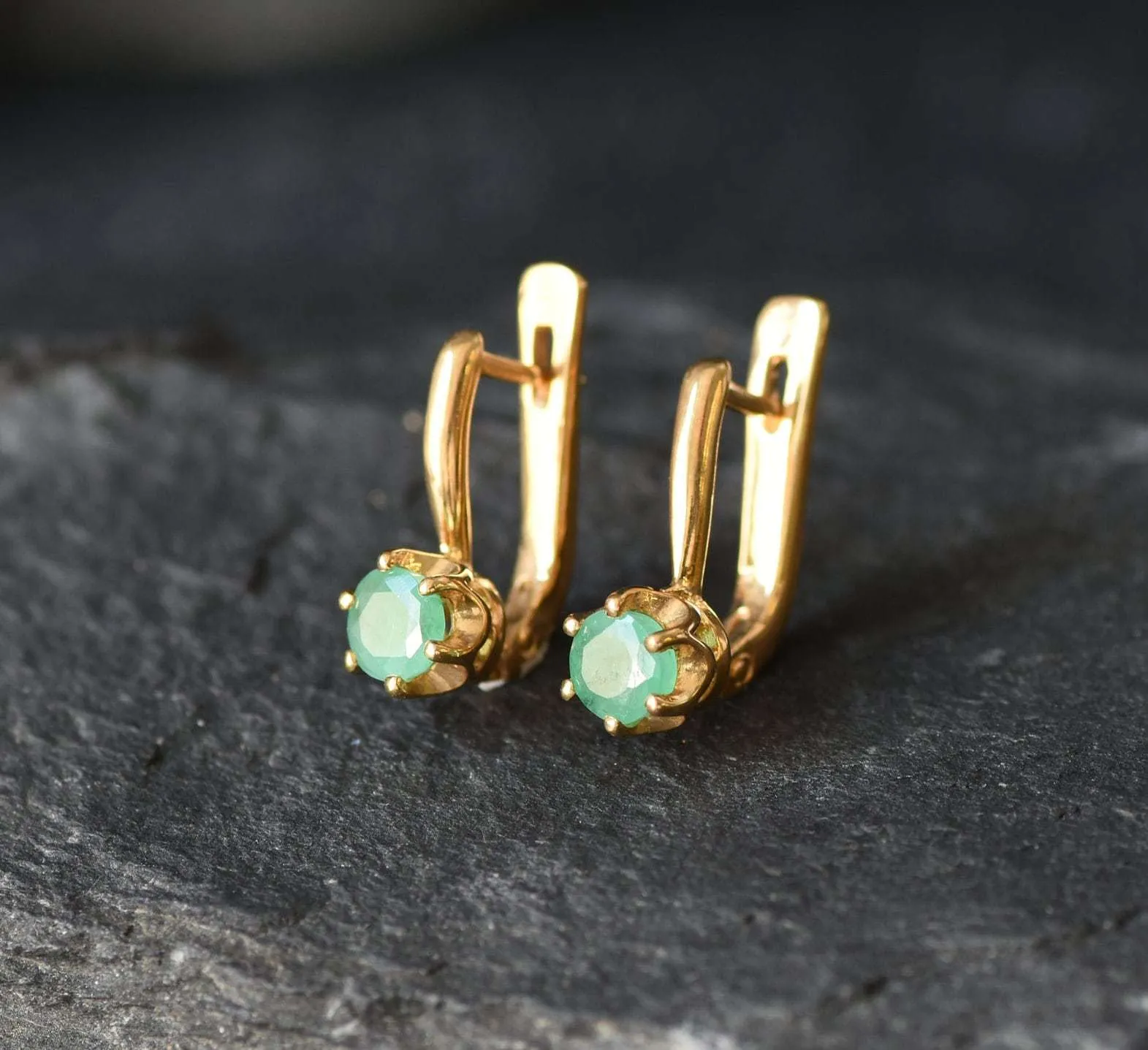 Gold Emerald Earrings - Natural Emerald Studs, Dainty Green Earrings