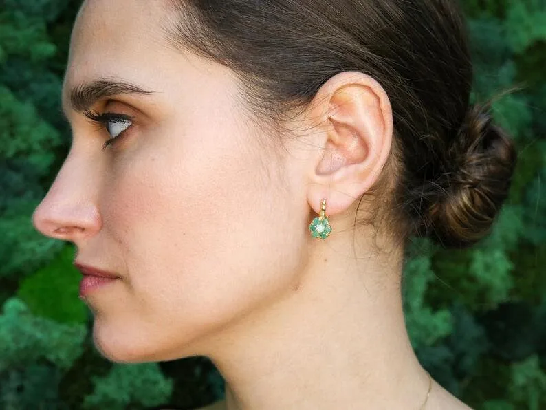 Gold Flower Earrings - Natural Emerald Earrings, Green Daisy Earrings