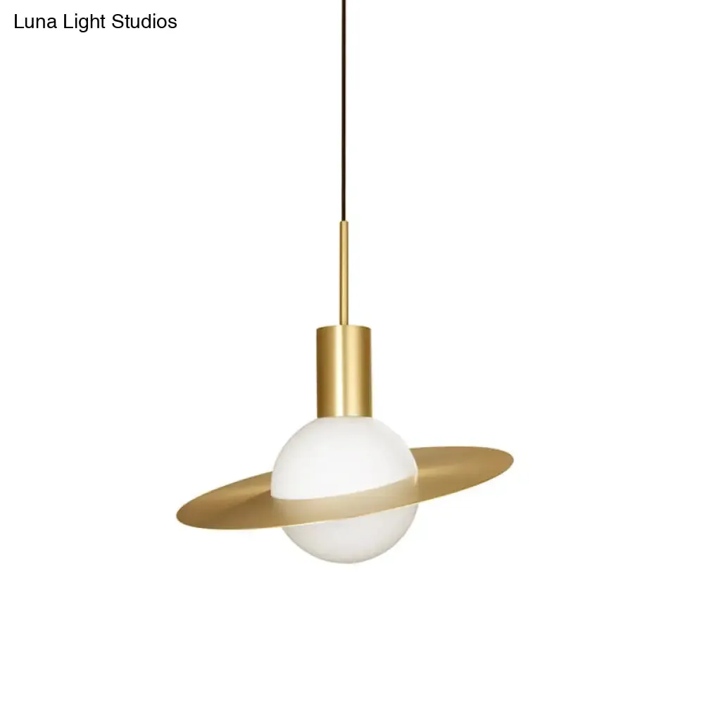 Gold Planetoid Hanging Light - Postmodern Opaline Glass Pendant for Table