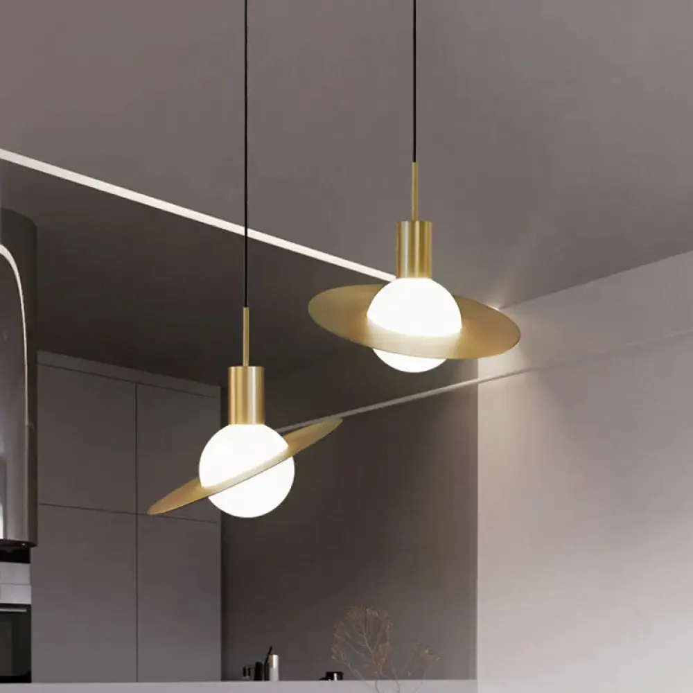 Gold Planetoid Hanging Light - Postmodern Opaline Glass Pendant for Table