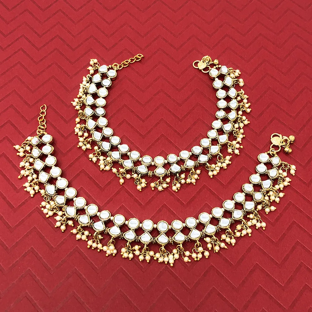 Gold Plated Indian Traditional Bridal White Kundan Crystal Rhinestone Bell Anklet Pair For Women - Dance Party Wedding  - Duel On Jewel