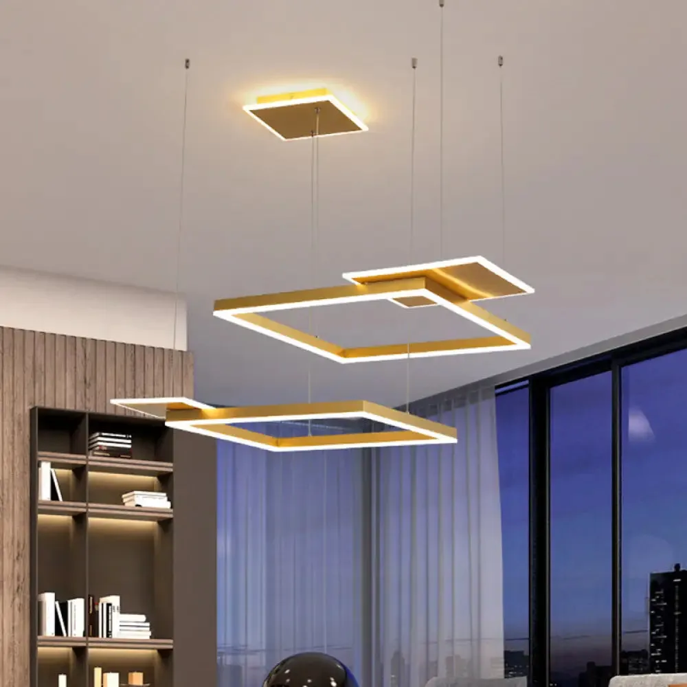 Gold/Coffee Square LED Chandelier Pendant Light with Warm/White Light - Modern Metal Ceiling Lamp