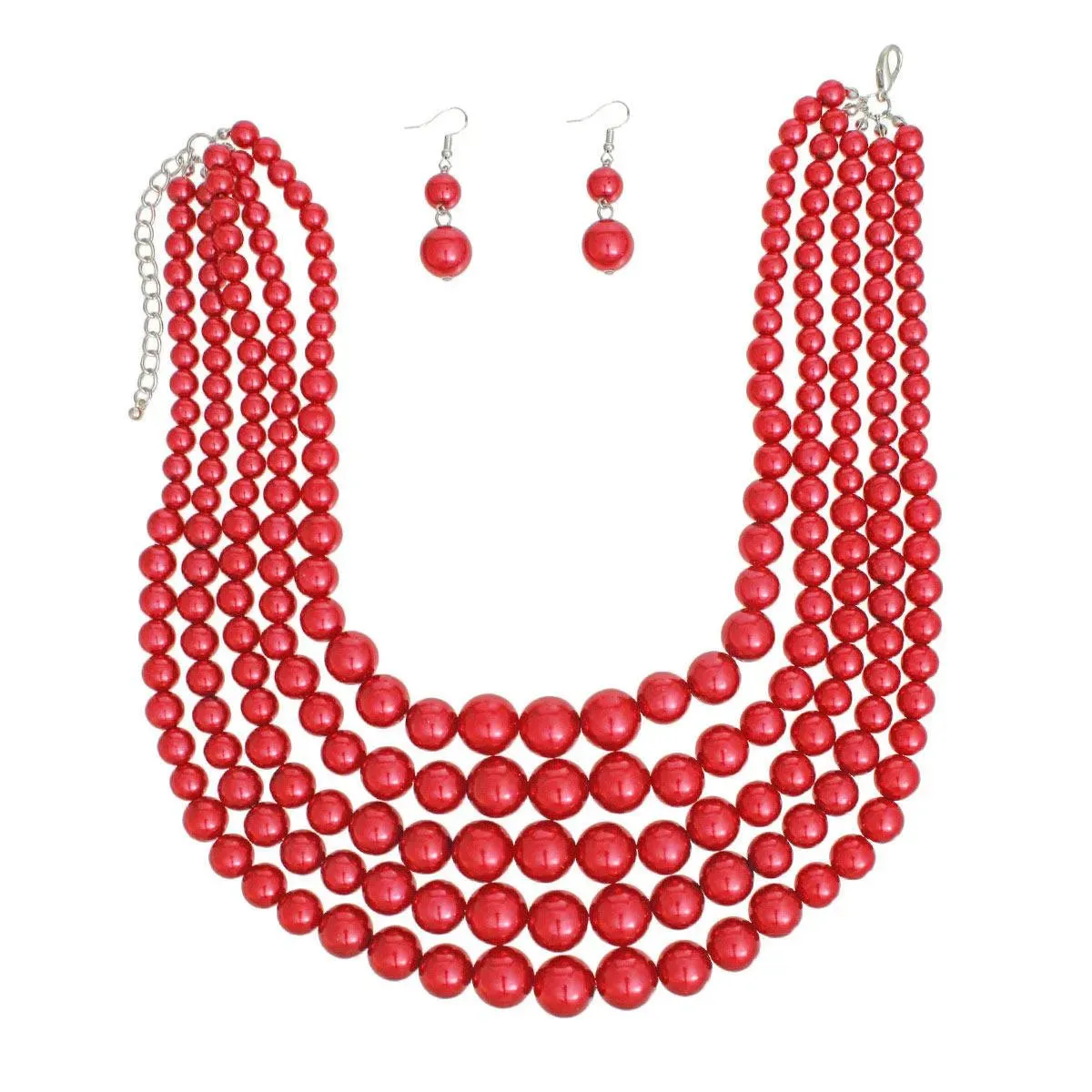 Gorgeous Layered Red Pearl Necklaces with Earrings