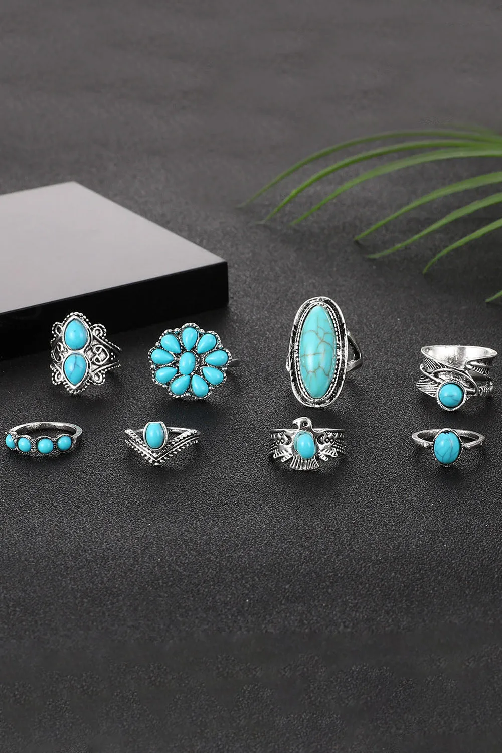 Green 8Pcs Vintage Turquoise Ring Set