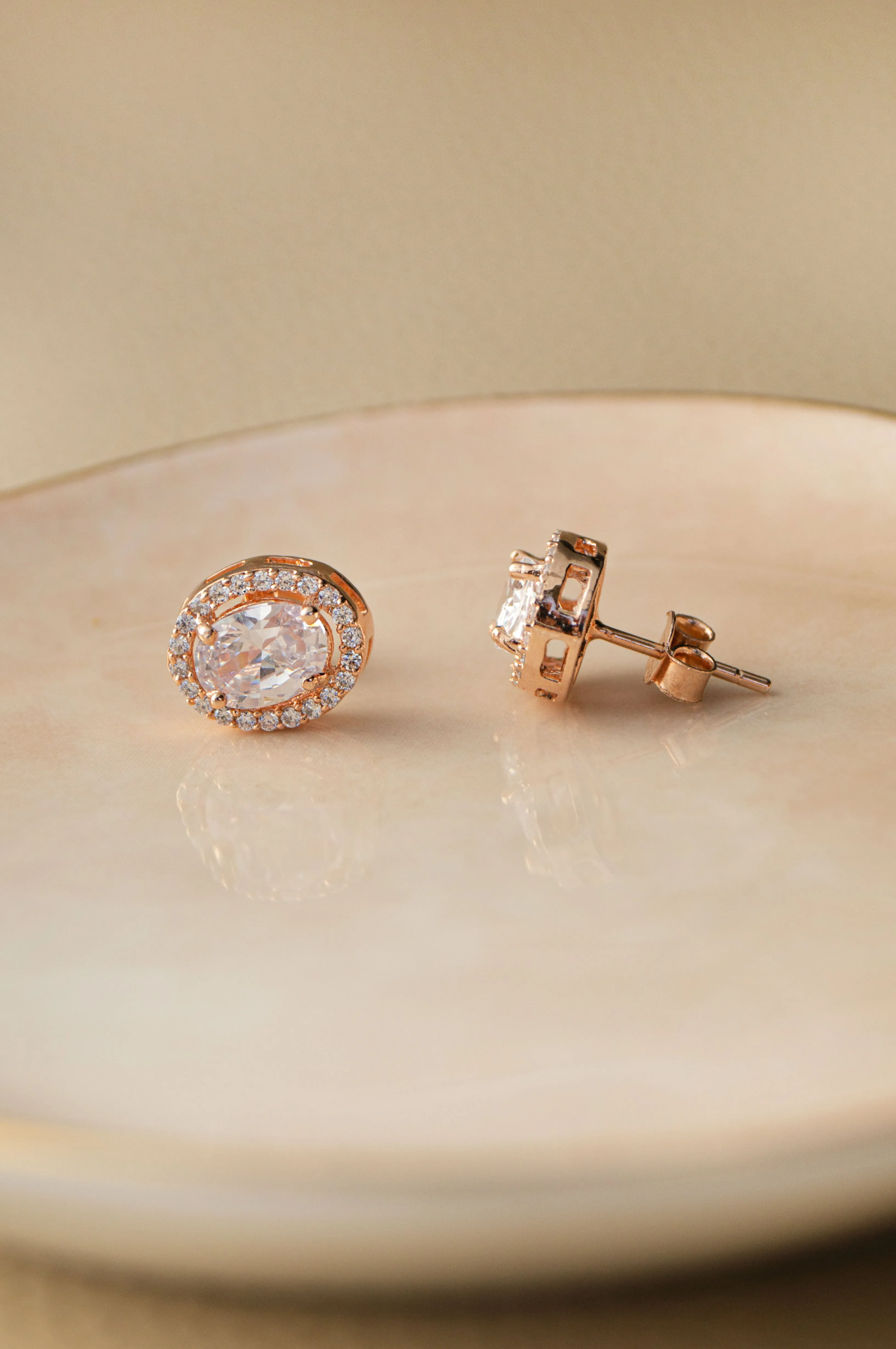 Halo Oval Rose Gold Plated  Solitaire Sterling Silver Earrings