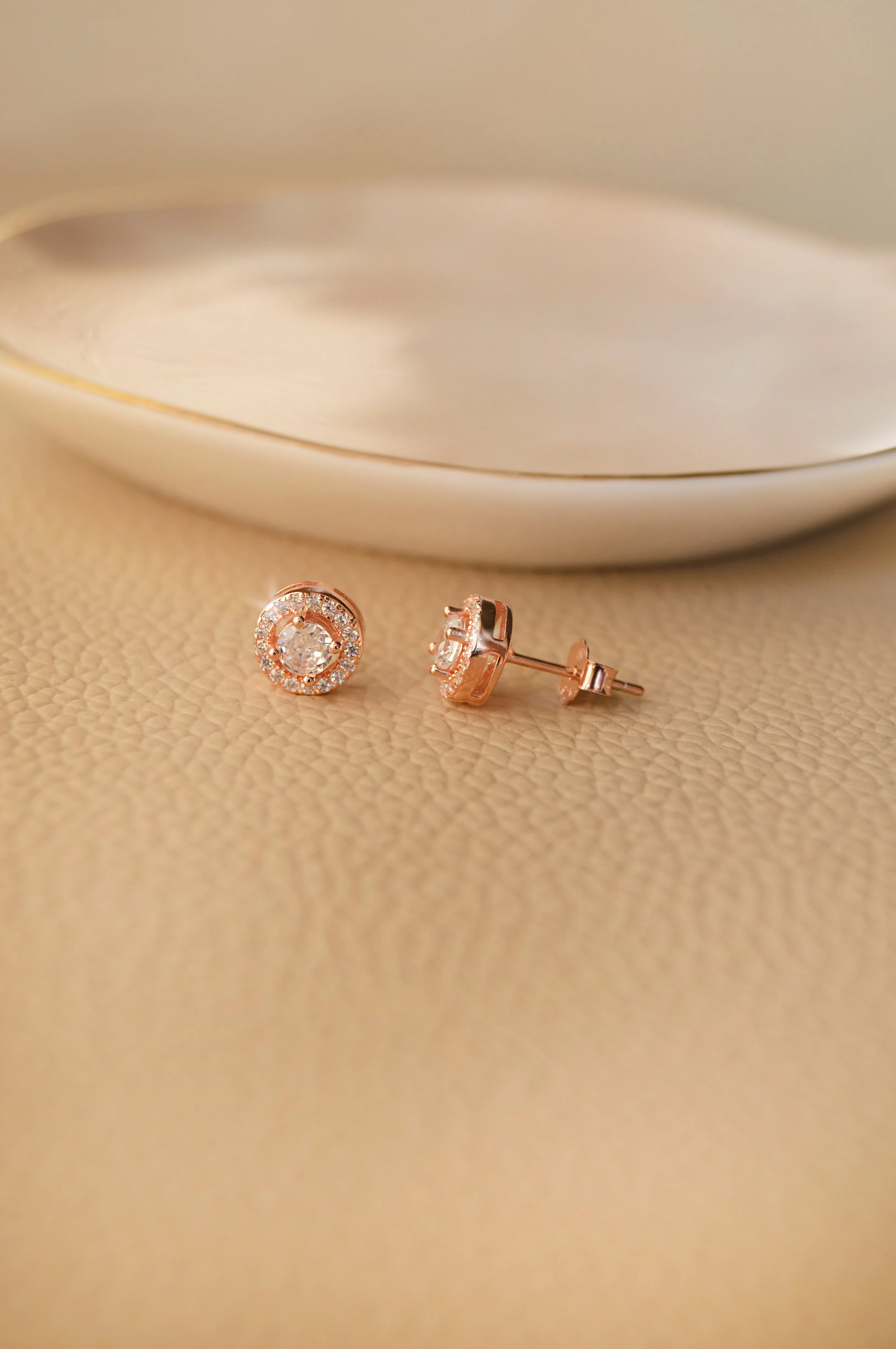 Halo Solitaire Rose Gold Plated Sterling Silver Earrings