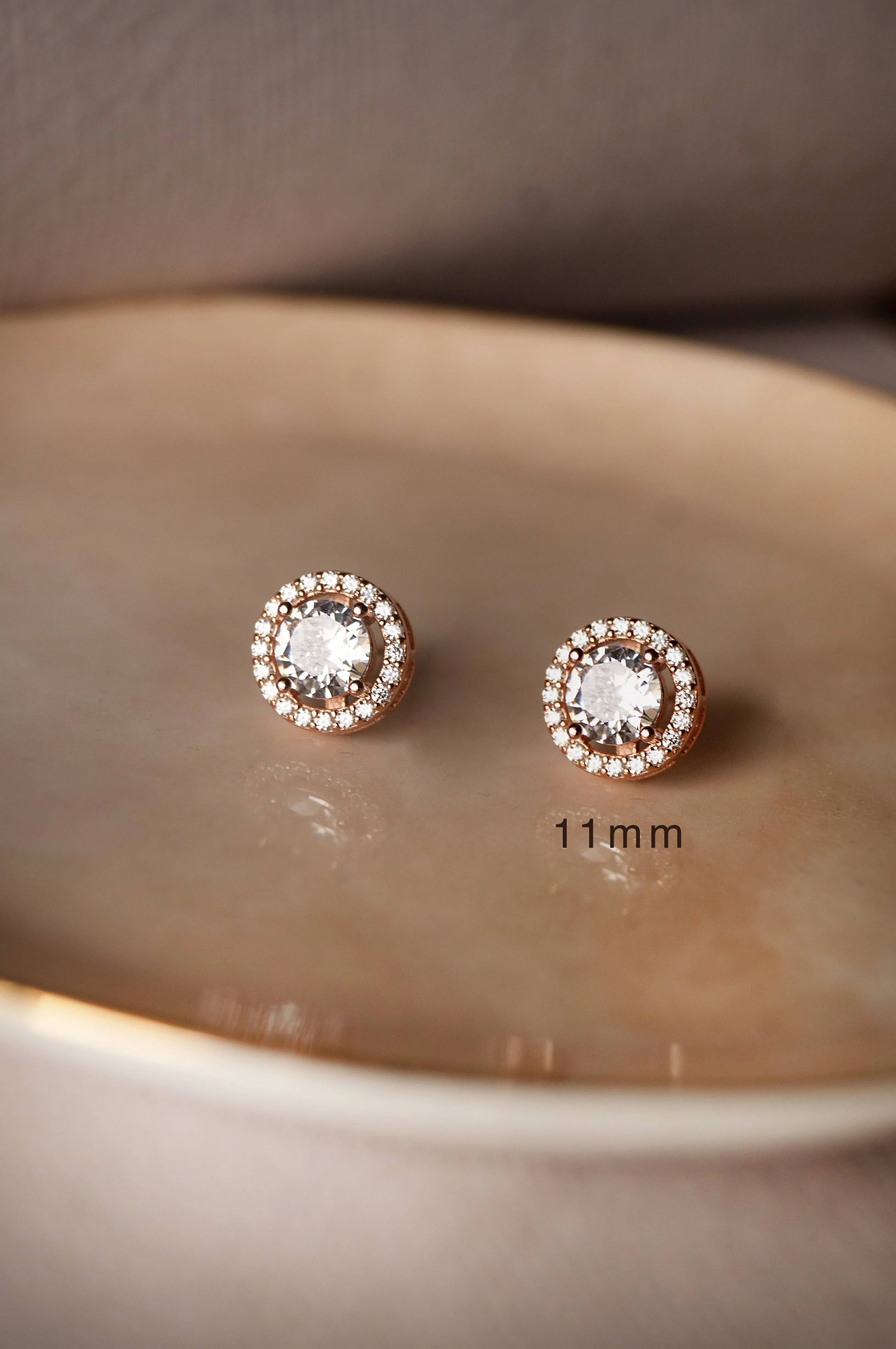 Halo Solitaire Rose Gold Plated Sterling Silver Earrings