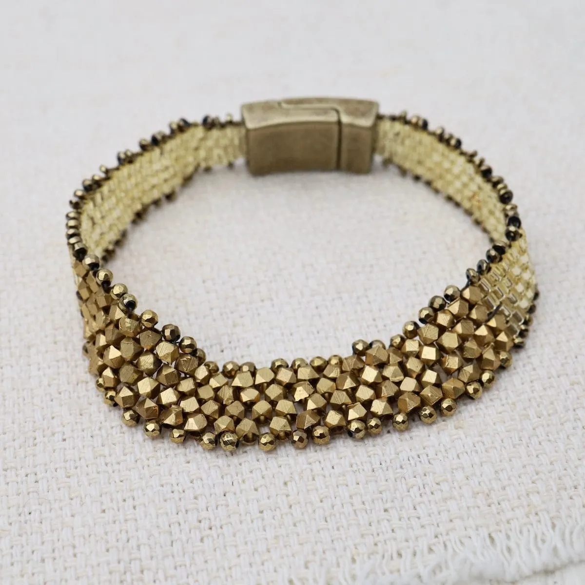 Hand Woven Soft Bracelet of Brass Cubes, Seed Beads