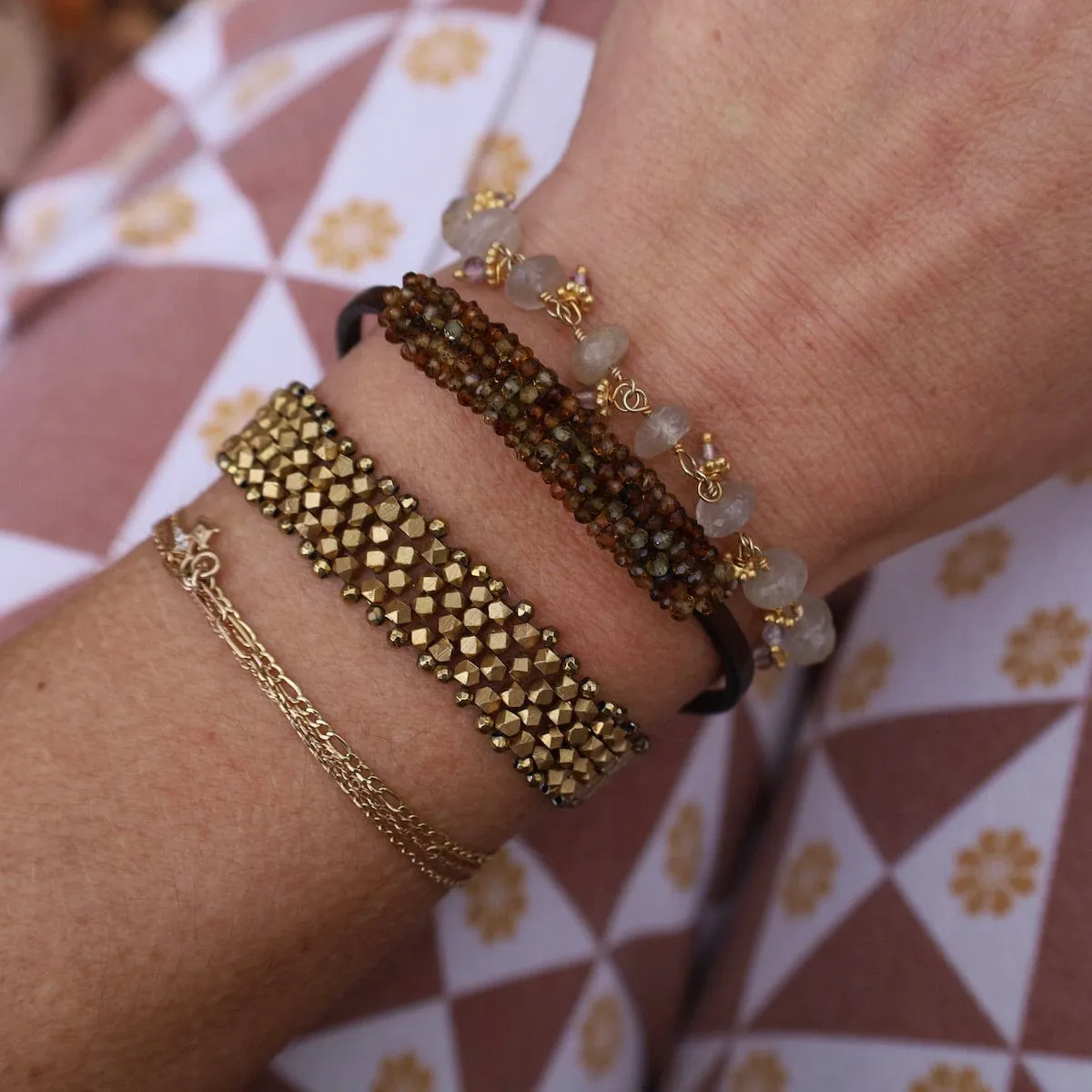 Hand Woven Soft Bracelet of Brass Cubes, Seed Beads