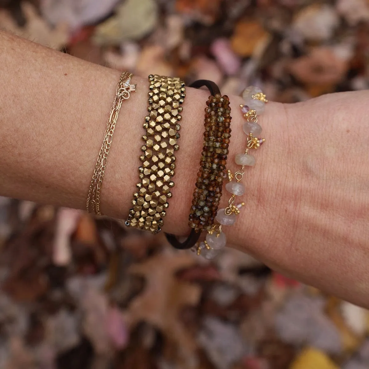 Hand Woven Soft Bracelet of Brass Cubes, Seed Beads