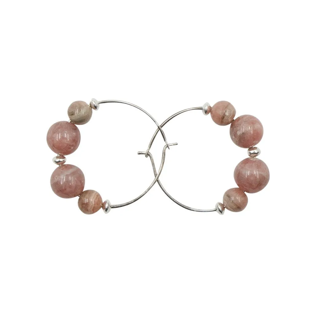 Handmade Pink Rhodochrosite Silver Hoop Earrings | Eco-Friendly Jewelry