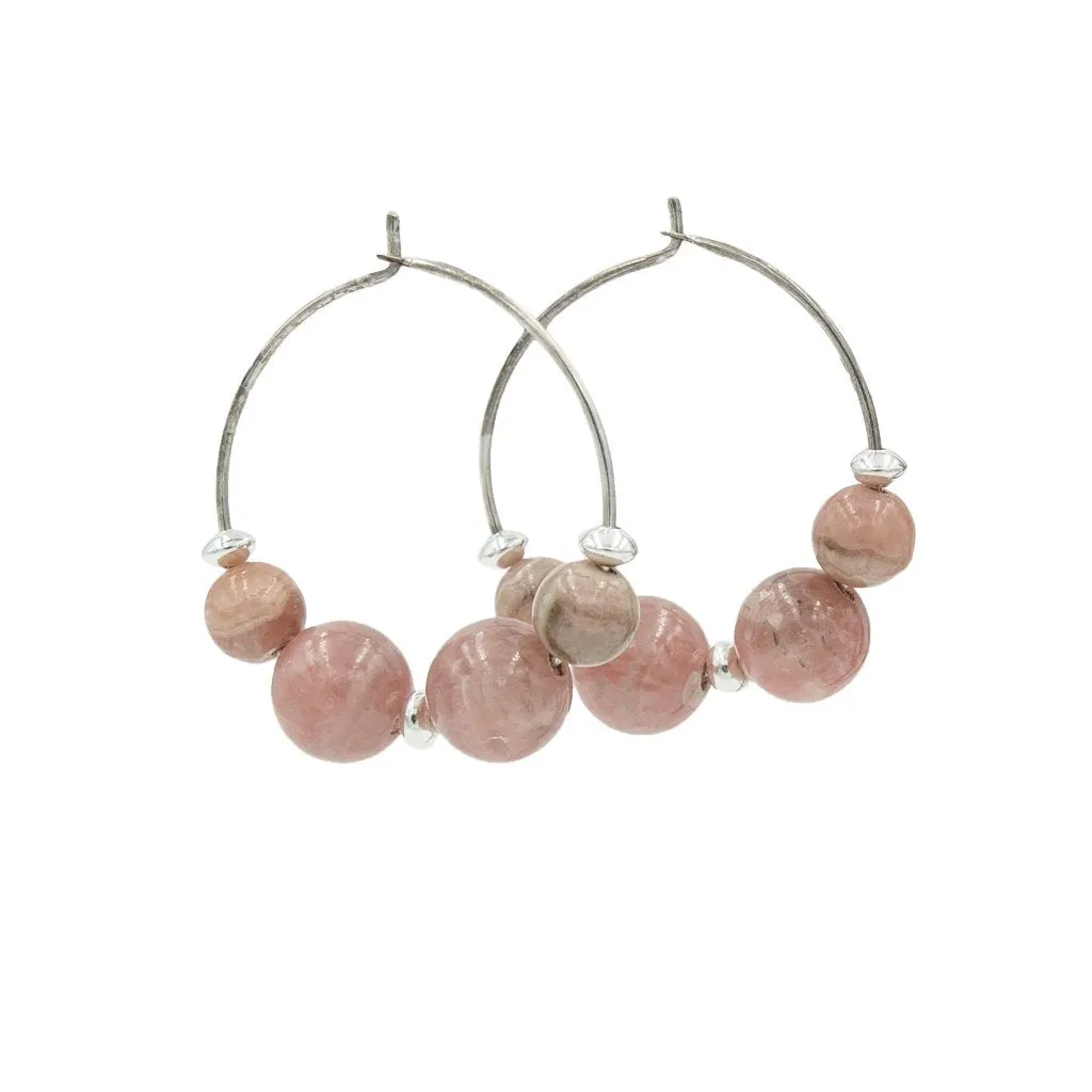 Handmade Pink Rhodochrosite Silver Hoop Earrings | Eco-Friendly Jewelry