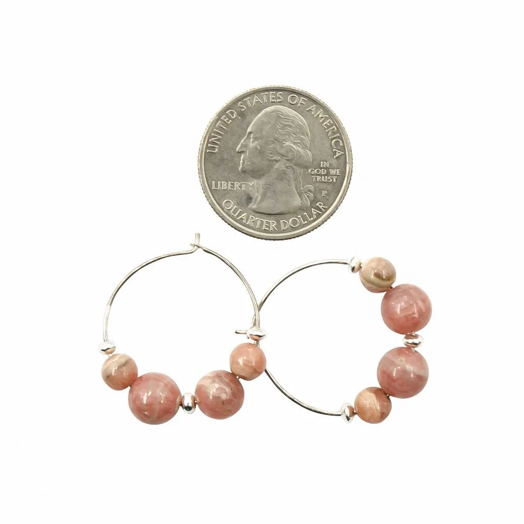 Handmade Pink Rhodochrosite Silver Hoop Earrings | Eco-Friendly Jewelry