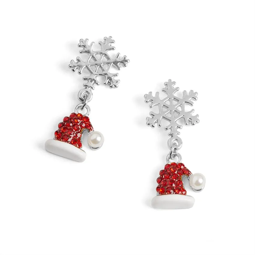 Holiday Enamel Earrings - Silver Santa Hat